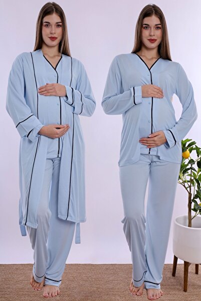ByLohusa Soft Textured Cotton Maternity Pajama Set with Dressing Gown Effortt...