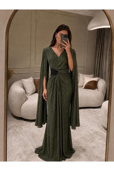 BROOKLYN STYLE Side Pleated Evening Dress with Cape Sleeves in Shimmer Fabric