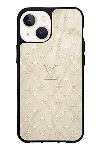 Spoyi iPhone 13 Mini Krem Gold LV Tasarımlı Glossy Telefon Kılıfı