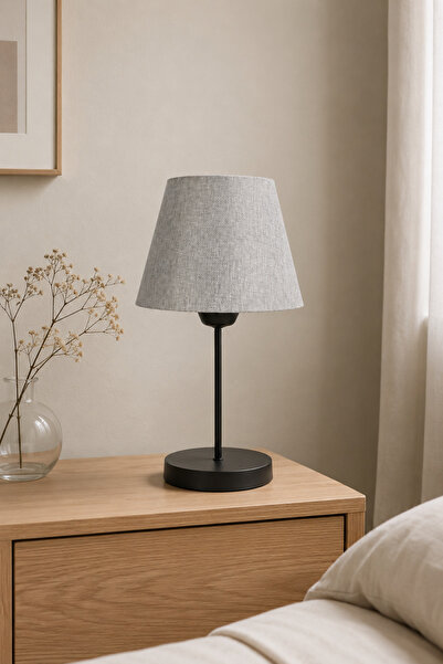 Eslight Modern İskandinav Tarz Siyah Ayak Komodin Lambası Açık Gri Abajur R49