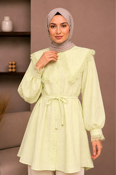 SADEL Beli Bağlamalı Yakası Fistolu Tunik - Açık Sarı