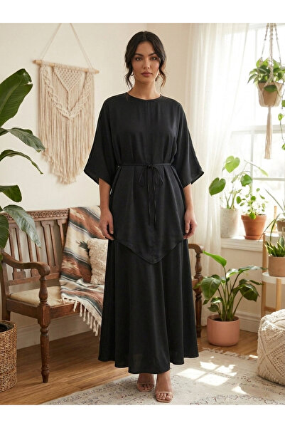 Finelook Elegant Satin Two-Piece Tunic & Skirt Set – Matching Asymmetrical Sh...