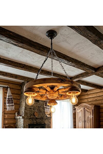 LimArt Lustră suspendată, model rustic din lemn în formă de roată de carucior...