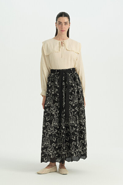 Nihan Embroidered Viscose Cotton Skirt - Black