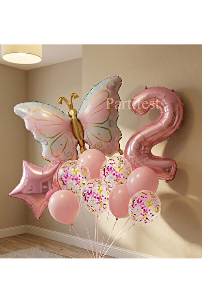 Partifest Kelebekli Doğum Günü Balon Seti Pembe - Folyo Rakamlı ve Konfetili ...