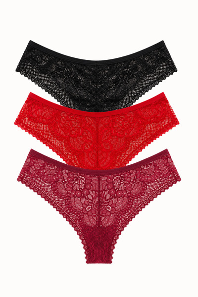 LİBELLA İÇ GİYİM New Season Premium Full Lace Brazilian Panties Black Red Burgundy 3-Piece Package