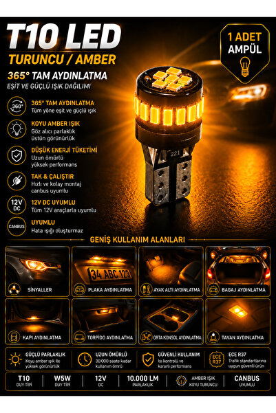 DuoLight T10 WY5W Amber Turuncu LED Ampul 360° Aydınlatma Canbus Hatasız Siny...