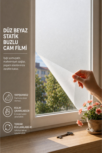 Deconitte Statik Düz Beyaz Buzlu Cam Filmi 60x100 cm Yapışkansız Mahremiyet S...