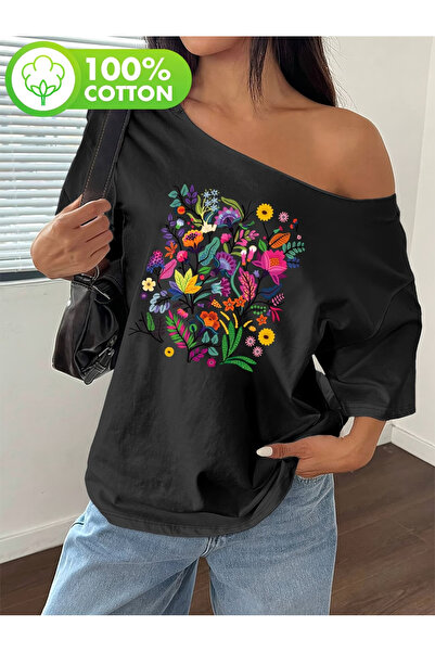 OVER HEAD Tricou de damă, 100% bumbac, cu imprimeu Flower Garden, cu decolteu...