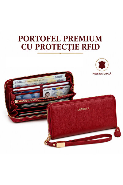 FLEXON Portofel Damă din Piele Naturală cu Fermoar, Protecție RFID, Compartim...