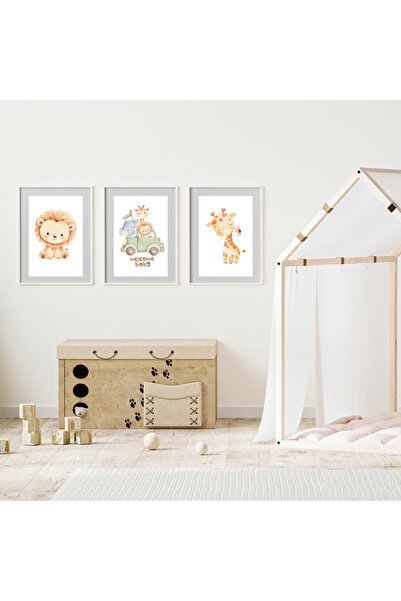 Kosinüs Reklam Safari Temalı Bebek Odası 3 lü Poster-Zürafa-Fil-Aslan
