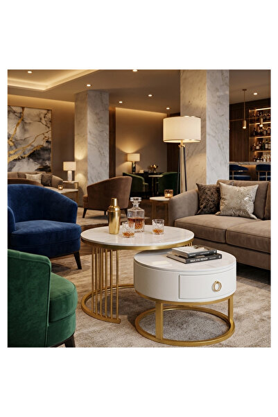 luxino Round Coffee Table Set with Storage Drawers - Durable Metal Frame - Ea...