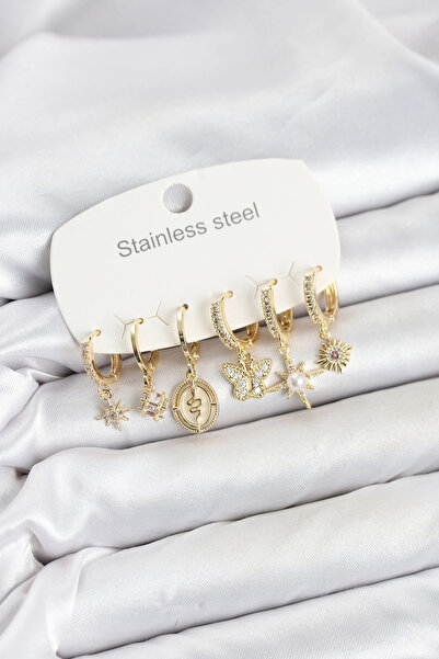 shopwave Krm 316L Steel Gold Color Zircon Stone Charm Detailed Women's Earrin...