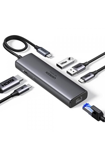 Ugreen Hub USB-C 6-în-1 CM512, 2x USB-A 3.2, 2x USB-C, HDMI, RJ45, Gri