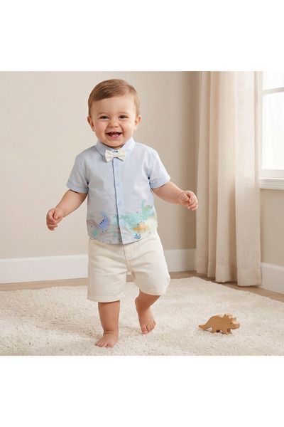 Juniors Collared Short Sleeves Shirt and Shorts Set with Dinosaur Print