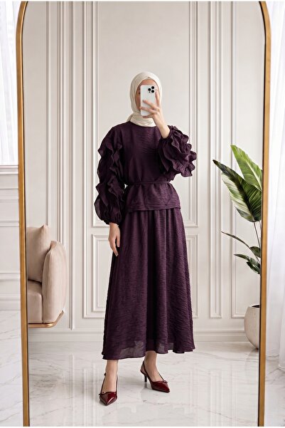 MİHRA STORE Eleni Suit with Ruffled Sleeves and Voile Skirt-En842 Plum
