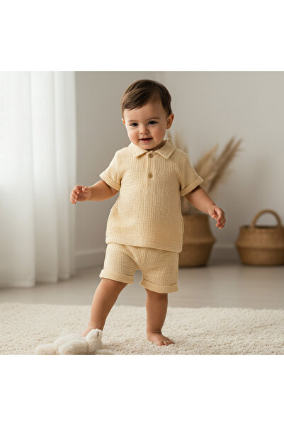 Juniors Cotton Collared Short Sleeves Shorts Set with Textured Design