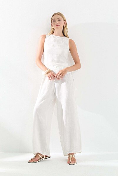 Lencie Elastic Waist Linen Trousers Ecru