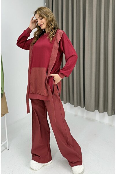 Raneel Kazançlı Alışveriş Women's trimmed double color tracksuit set red