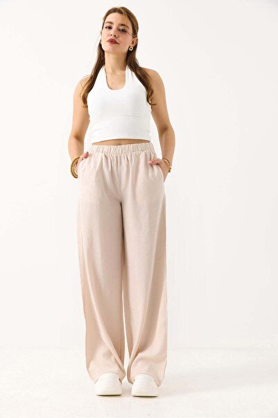 Raneel Kazançlı Alışveriş Women's stone detailed loose cut linen look trouser...