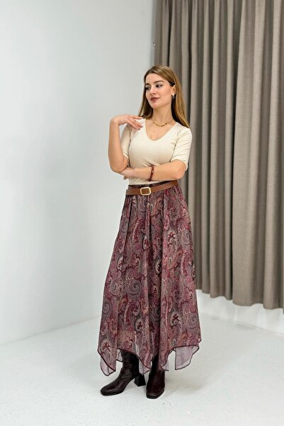 Raneel Kazançlı Alışveriş Asymmetrical ethnic pattern lined skirt women plum