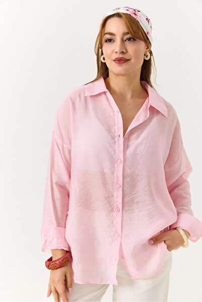 Raneel Kazançlı Alışveriş Women's Textured Transparent Shirt Pink