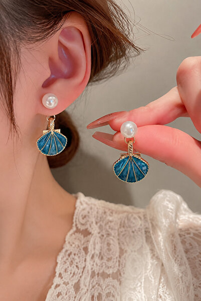 TREND COLLECTİON Blue Seashell Figured Pearl Detailed Gold Dangle Earrings