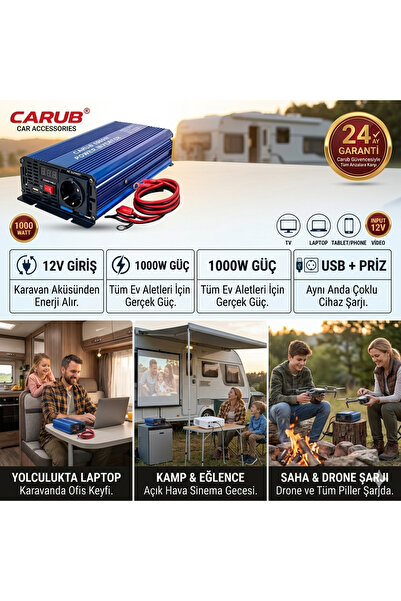 Carub 12V to 220V Çevirici İnvertör 1000W - Araç Ve Karavan Tipi USB Çıkışlı ...