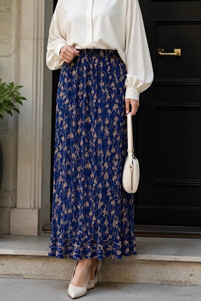 İmajButik Navy Blue Patterned Viscose Skirt with Elastic Waist