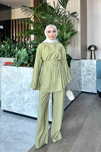 İmajButik طقم قميص وبنطلون بلون الزيتون مع رباط خصر