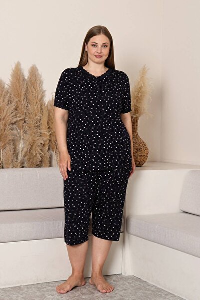 ALİMER Plus Size Women's Pajama Set - Navy Blue Floral Pattern Lycra Viscose ...