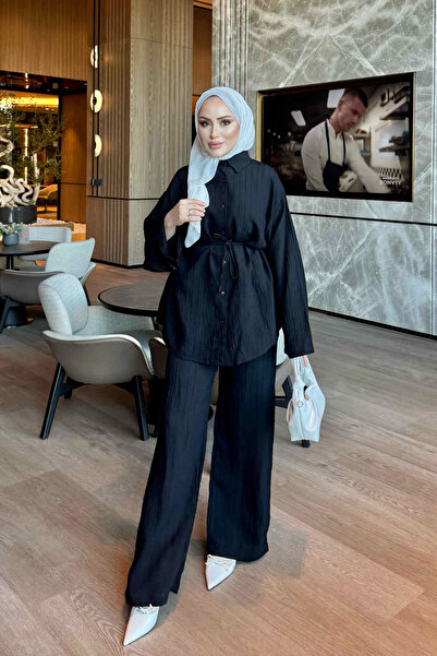 İmajButik Black Waist-Tie Shirt and Trouser Set