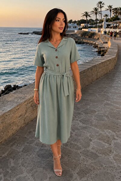 armonika Women's Mint Buttoned Front Waist Gathered Belted Midi Length Dress ...