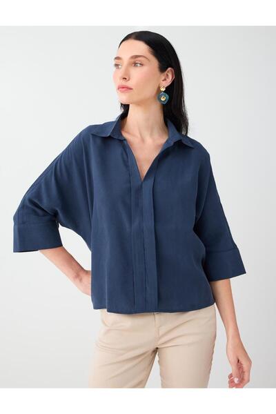 Jimmy Key Navy Blue Shirt Collar Three-Quarter Sleeve Modal Woven Blouse