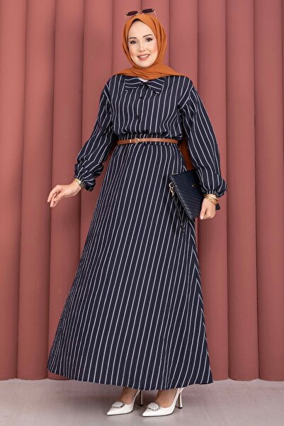 EBRUTESETTÜR Striped Shirt Skirt Double Set Navy Blue