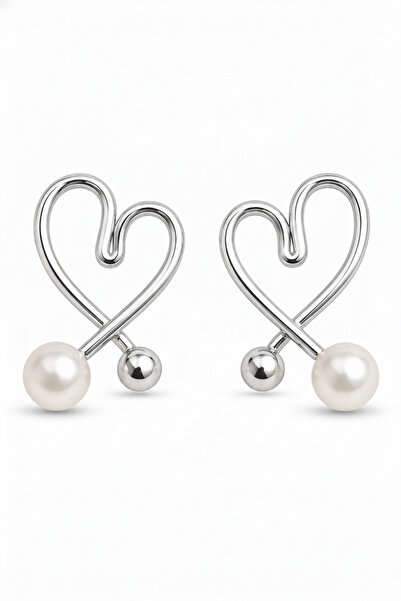 Jack Ferrero Stylish Heart Design Pearl Detailed Women's Steel Earrings
