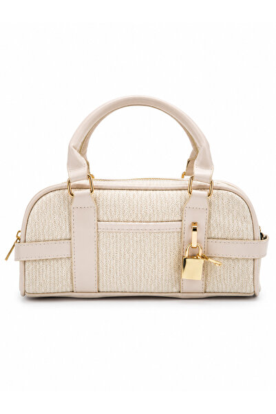Mirel çanta Women's Canvas Lock Detailed Hand and Shoulder Bag Cream