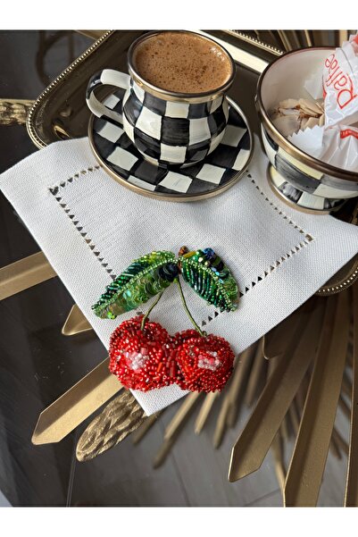 Hatice sakallı design Șervețel pentru cafea, 1 bucată, cu broderie KİRAZ și p...