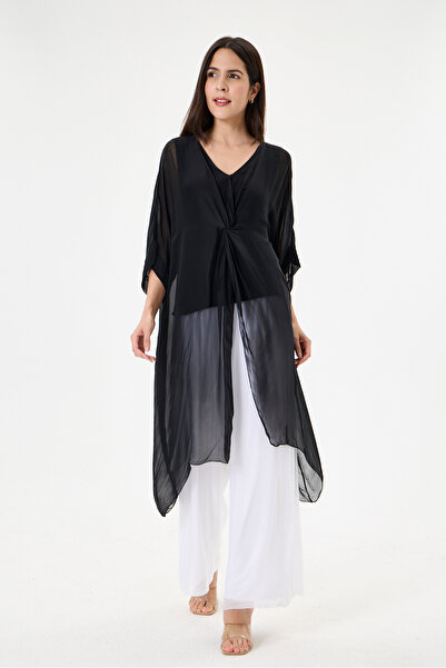 della moor Black Italian Special Design Front Slit Bat Sleeve Lined Silk Tuni...