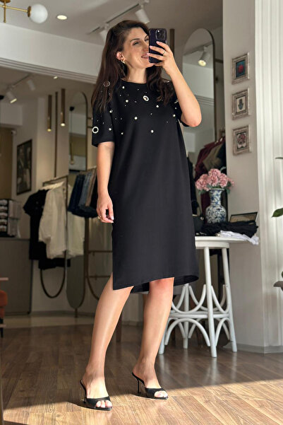 Unique Boutique Black Pearl and Stone Detailed Modal Fabric Midi Length Dress