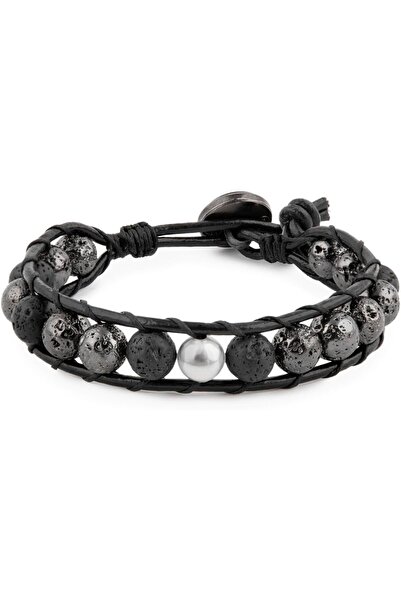 MINZA Shine Lava Men’s Bracelet, 925 Sterling Silver Bead Bracelet, Lava Ston...