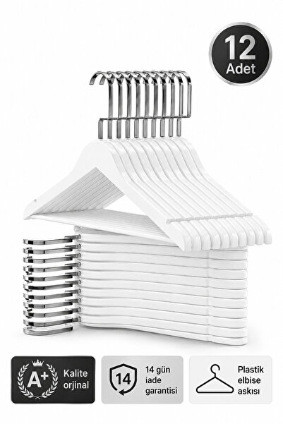 AXE HOME 12 Adet Beyaz Askı İtalyan Gümüş Kanca Ahşap Görünümlü Plastik Askı