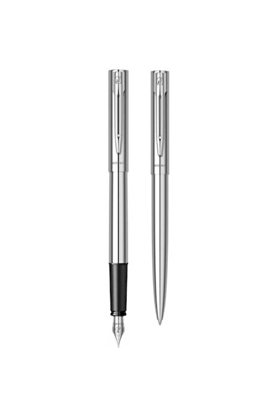 Waterman Set Allure cu stilou din metal cromat și pix cu accesorii cromate, î...