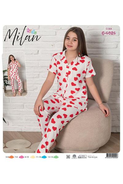Butik milan kids beyaz kırmızı kalp desenli pijama takımı