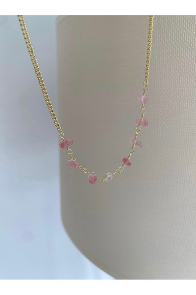 Bade Jewelry Gd Gold Pink Natural Stone Detailed Anti-Tarnish Steel Elegant A...