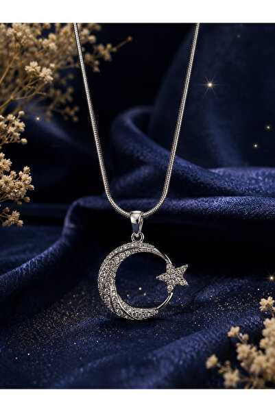 Sylvera Shop Moon Star Elegance Steel Necklace (Silver Color)