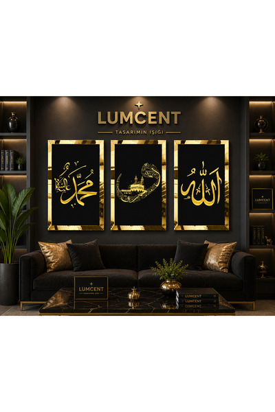 Lumcent Premium Gold Pleksi Çerçeveli 3 Parça Manevi MDF Duvar Tablosu | Alla...