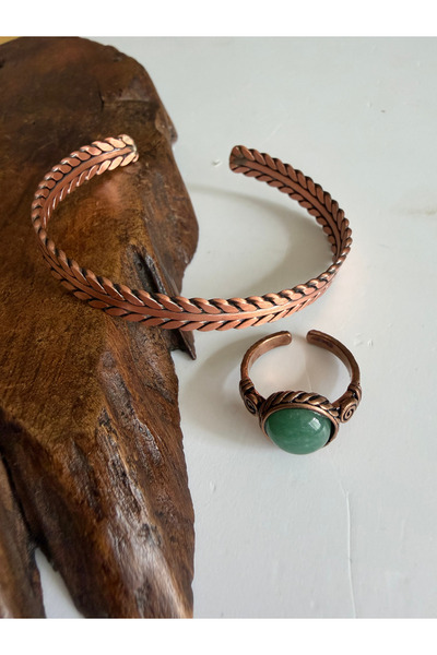 Rupen Kraft Natural agate stone 100% pure copper bracelet ring combo adjustab...