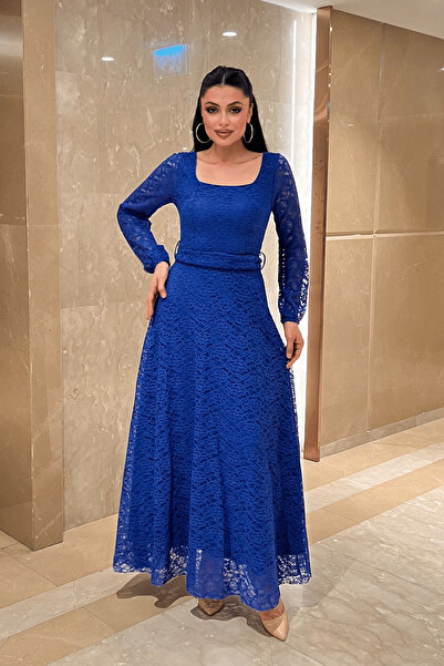 giyimmasalı Rochie din dantelă cu guler pătrat - SAKS BLUE