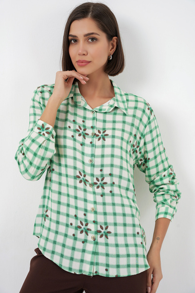 Merterium Women's Patterned Oversize Viscose Shirt 1502 - Green